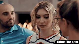 watch the young cheerleader get pressured into sex by the milf coach and her hubby.