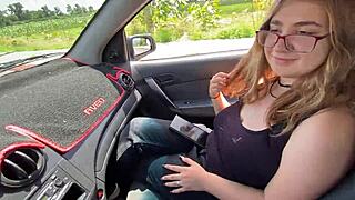 Big tits homemade brunette gets a ride and some action from a couple