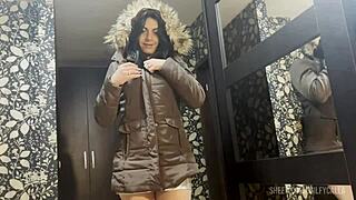 Milfycalla in Brown Fur Hooded Puffer Jacket with Cum.