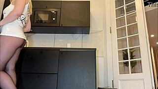 this tall blonde wife shows big tits and ass in kitchen cowgirl riding