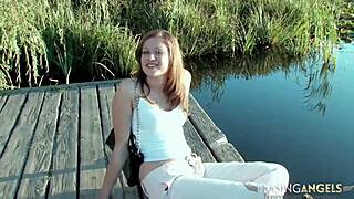 redhead bent over on sofa for bareback interview fuck