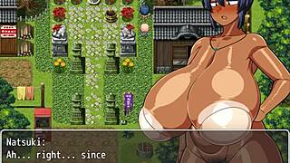 tanned natsuki in hentai game ep 11 gets wild. village chief masturbates on her while changing in public