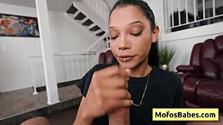 Eden West sucks monster white cock deep in her black cunt.