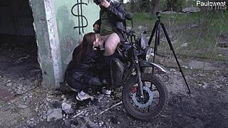 Hot Russian Milf Dominates Outdoors with Motorcycles and Huge Dicks