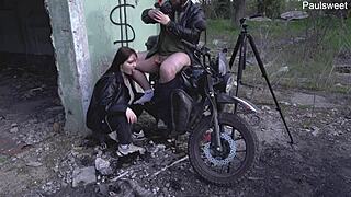 Hot Russian Milf Dominates Outdoors with Motorcycles and Huge Dicks