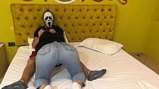 Ghostface Scores A Free Halloween Blowjob From Hot Brunette! Man, She Deepthroats Like Crazy In That Masked Costume Party!
