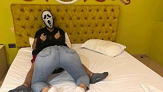 Ghostface Scores A Free Halloween Blowjob From Hot Brunette! Man, She Deepthroats Like Crazy In That Masked Costume Party!