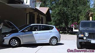 Young teen 18+ager bends over for doggystyle, sucks monster cock to facial