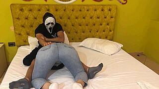 Ghostface Scores A Free Halloween Blowjob From Hot Brunette! Man, She Deepthroats Like Crazy In That Masked Costume Party!