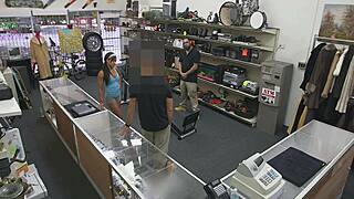 bimbo's having nasty sex in the shop, sucking cock rough and hard