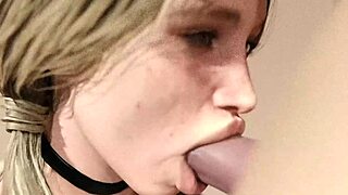 Blond girl enjoys big white dick blowjob