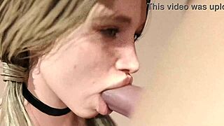 Blond girl enjoys big white dick blowjob