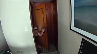 Blonde slut bent over for 3some blowjob, caught by mom joining gangbang.