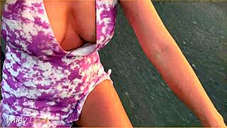 My wife took on a daring public ride, flashing her big tits while biking.
