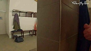 Spy spots hard cock in pool restroom for curvy babe