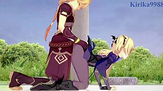 amber and fischl, amy and aether in raw intense sex - genshin impact hentai