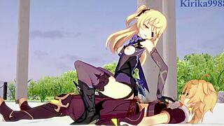 amber and fischl, amy and aether in raw intense sex - genshin impact hentai