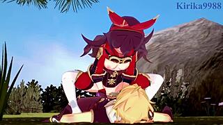 amber and fischl, amy and aether in raw intense sex - genshin impact hentai