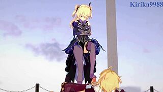 amber and fischl, amy and aether in raw intense sex - genshin impact hentai