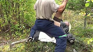 Business lady meets hooligan in forest, gets her big tits and ass pounded in wild outdoor action. Voyeur's delight!