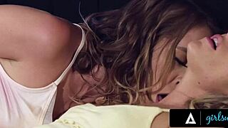 Pretty brunette gives soft massage to her bestie, turning into passionate first time lesbian sex with licking and kissing.