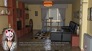 Perfect housewife spied in cartoon cuckold game with big tits and young milf.