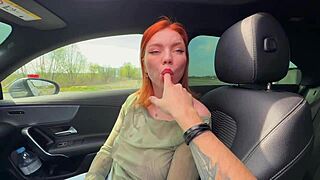 Redhead amateur swallows driver's cum after deepthroat with big natural tits