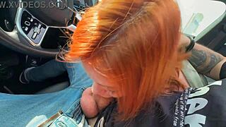 Redhead amateur swallows driver's cum after deepthroat with big natural tits