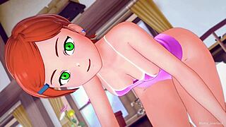 gwen in adult swimsuit ready for 3d cartoon fun with big toy