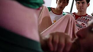 Old gay fathers swap their young twink boys for cowgirl riding and deepthroat on christmas