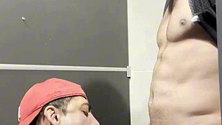 I took the stud to the gym bathroom, sucked him, made him suck me, tried to fuck his ass but he couldn't handle it.
