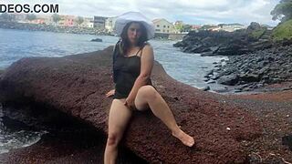 My seductive stepmom flaunts big tits on public beach! Wow!