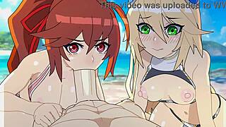 Beach episode unfolds with uncensored blazblue hentai action in public.