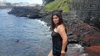 My seductive stepmom flaunts big tits on public beach! Wow!