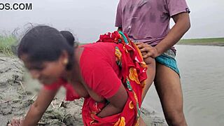 Bold couple fucks intensely beside the river