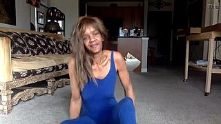 Ginger Moisther teases in blue with nipple play and licks