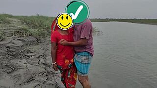 Bold couple fucks intensely beside the river