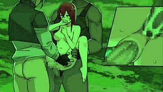 Bound anime girl gets fingered and banged in gangbang with toys