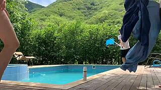 Natasha And Megan Go Out To Tan While The Guy Cleans The Pool And Then Swim Naked With The Lucky Guy