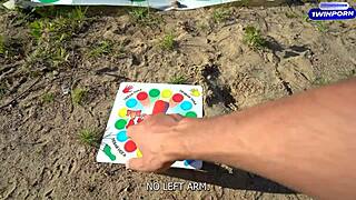 unforgettable twister strip game in forest with double blowjob challenge