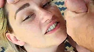 closeup dirty talking blonde hotwife gives sloppy blowjob. facial finish seals the deal.