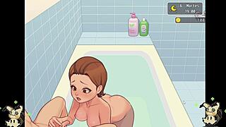 Hentai game, sucking cock in bathroom with countryside girl!