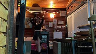 Naked girl lets delivery boy grope her tits outdoors