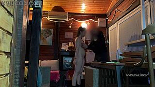 Naked girl lets delivery boy grope her tits outdoors