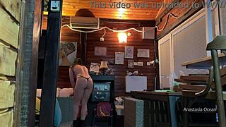 Naked girl lets delivery boy grope her tits outdoors