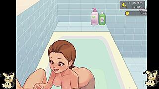 Hentai game, sucking cock in bathroom with countryside girl!