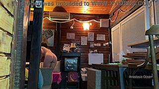 Naked girl lets delivery boy grope her tits outdoors