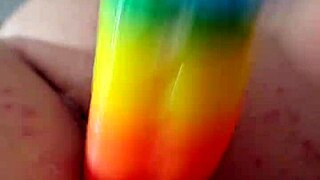 chubby brunette amateur uses rainbow dildo for anal gaping and creampie