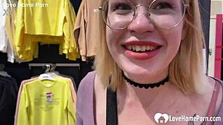 Blonde girlfriend sucks cock in the changing booth in homemade video