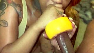 Ebony amateur with big cock face fucks wet tits and cums in mouth during cumshot.